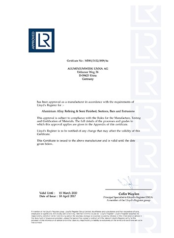 英国劳氏船级社船用铝合金精炼及半成品、-型材、棒材和挤压件制造商认证